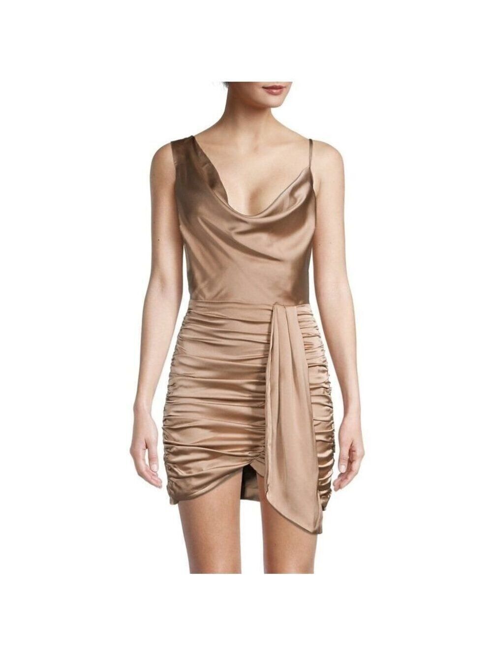 New Lavish Alice | Satin Cowl Neck Gathered Minidress in Bronze